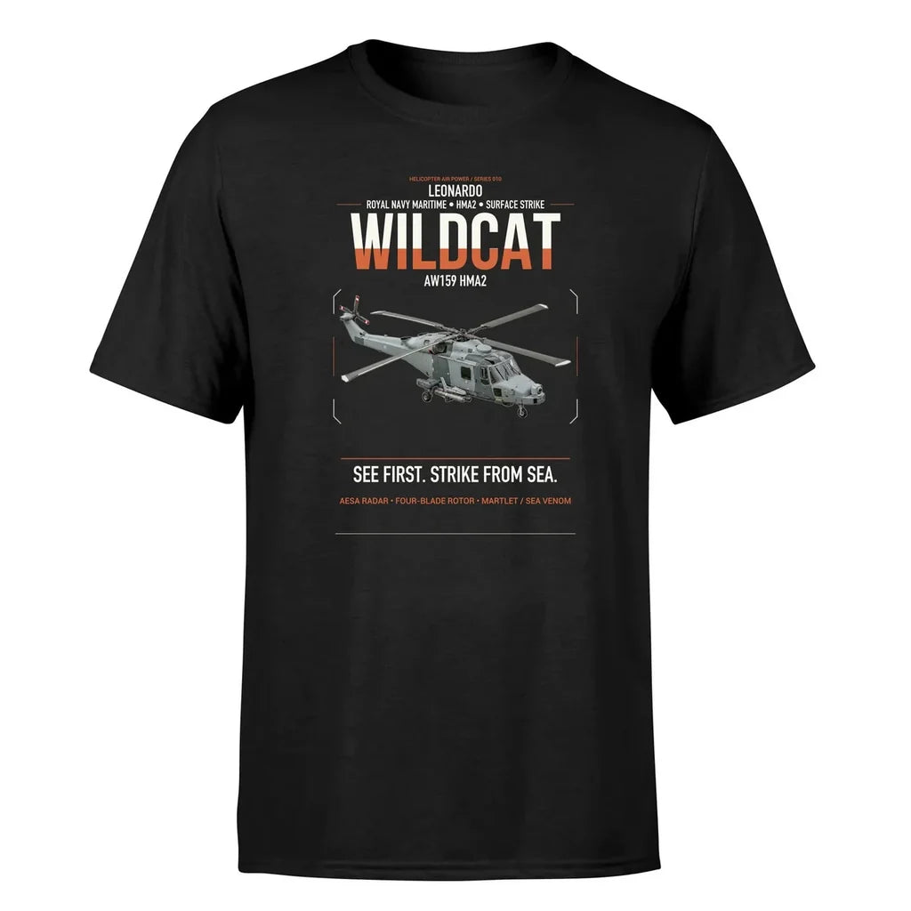 Leonardo AW159 Wildcat HMA2 design on black t-shirt, single-side print