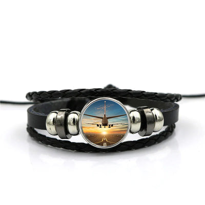 Airplane over Runway Towards the Sunrise aviation-themed bracelet, polished stainless steel.