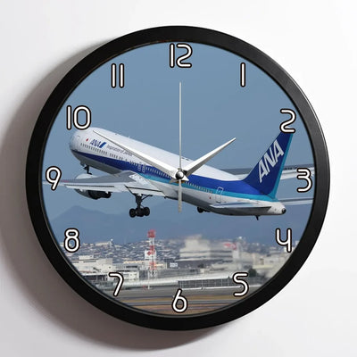 Departing ANA's Boeing 767 aviation design on premium wood and metal wall clock.