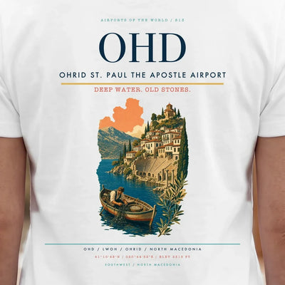 Ohrid St. Paul the Apostle Airport (OHD) double-side t-shirt design close-up cover