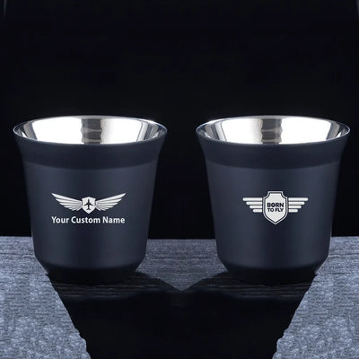 Born To Fly & Badge aviation design on double-wall coffee mug, vacuum-insulated double-wall.
