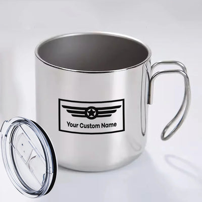 Custom Name (Badge 1) aviation design on portable mug, vacuum-insulated double-wall.