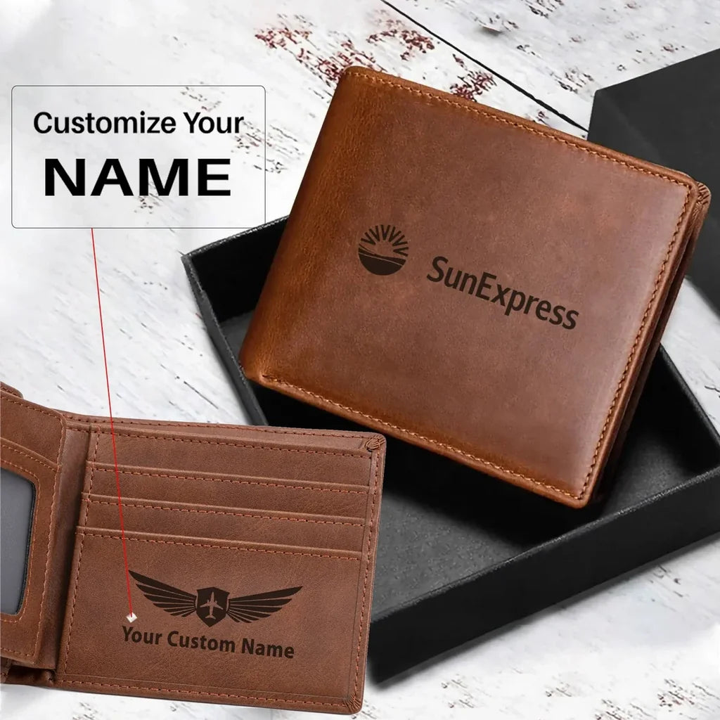 SunExpress aviation laser-engraved leather wallet in leather.