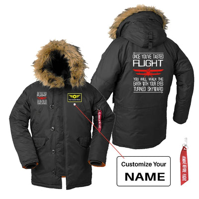 Once You've Tasted Flight aviation design printed on heavyweight shell with hooded warmth parka bomber.