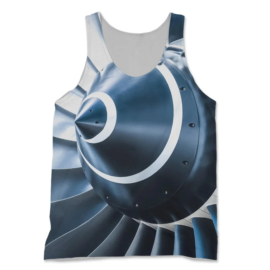 Blue Toned Super Jet Engine Blades Closeup aviation design on breathable cotton 3D-printed tank top.
