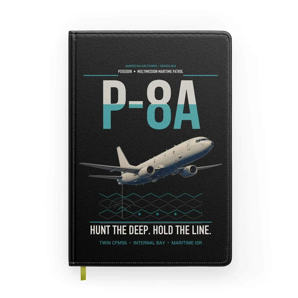 P-8A Poseidon design on black notebook