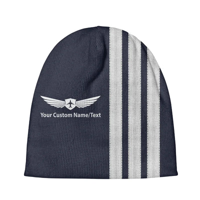 Custom Name & Special Silver Pilot Epaulettes (3 Lines) aviation embroidery on soft knit fabric 3D knit beanie.