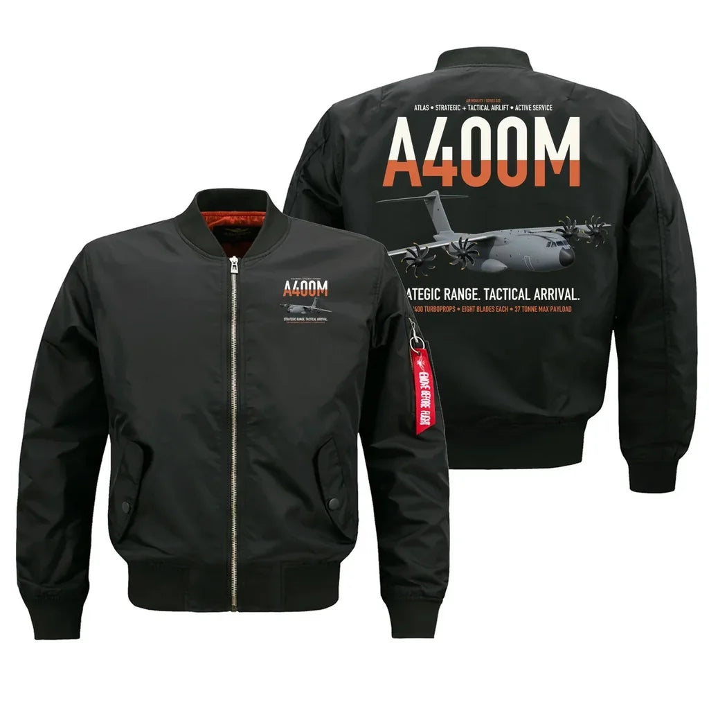 Airbus A400M Atlas design on black bomber jacket, double-side print