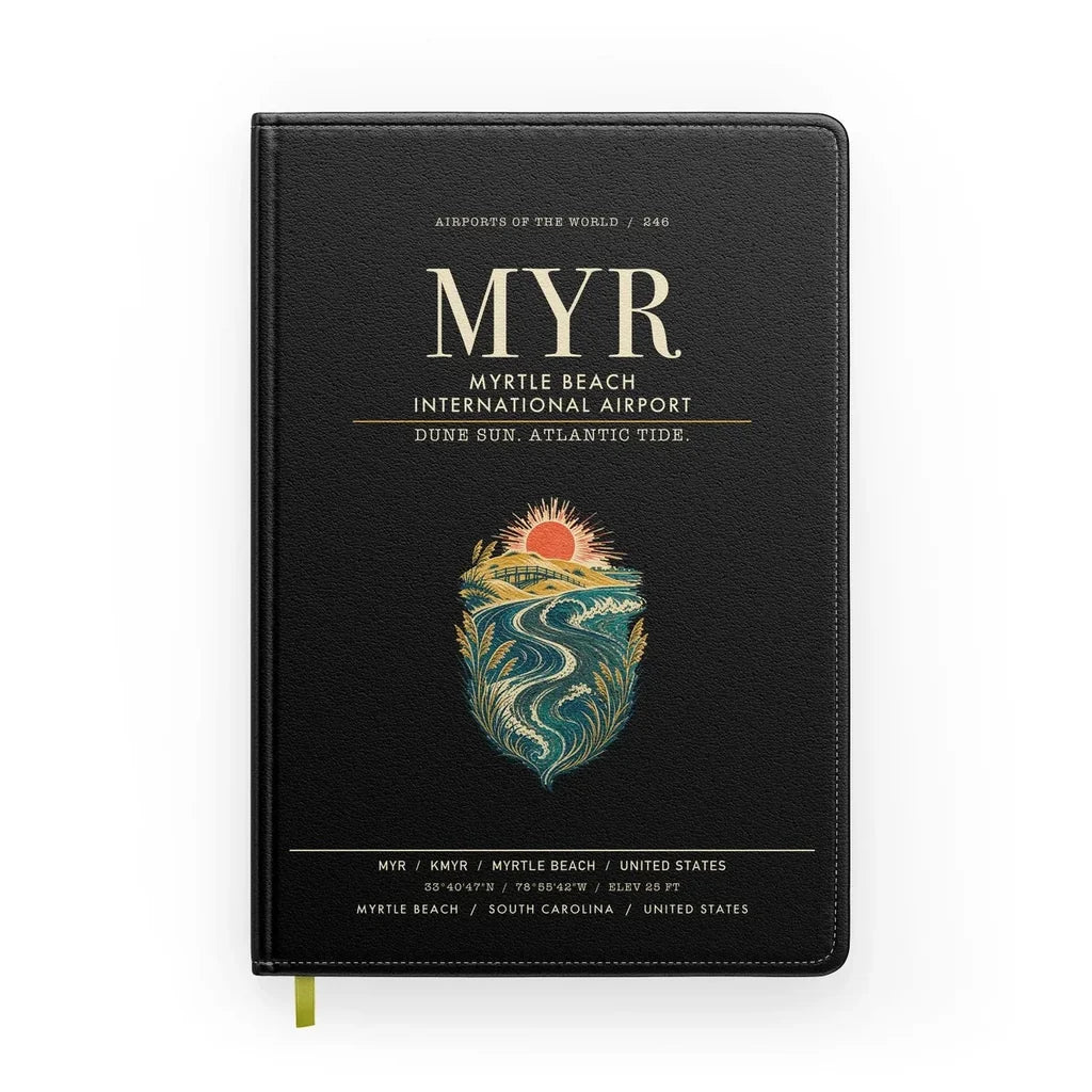 Myrtle Beach International Airport (MYR) design on black notebook