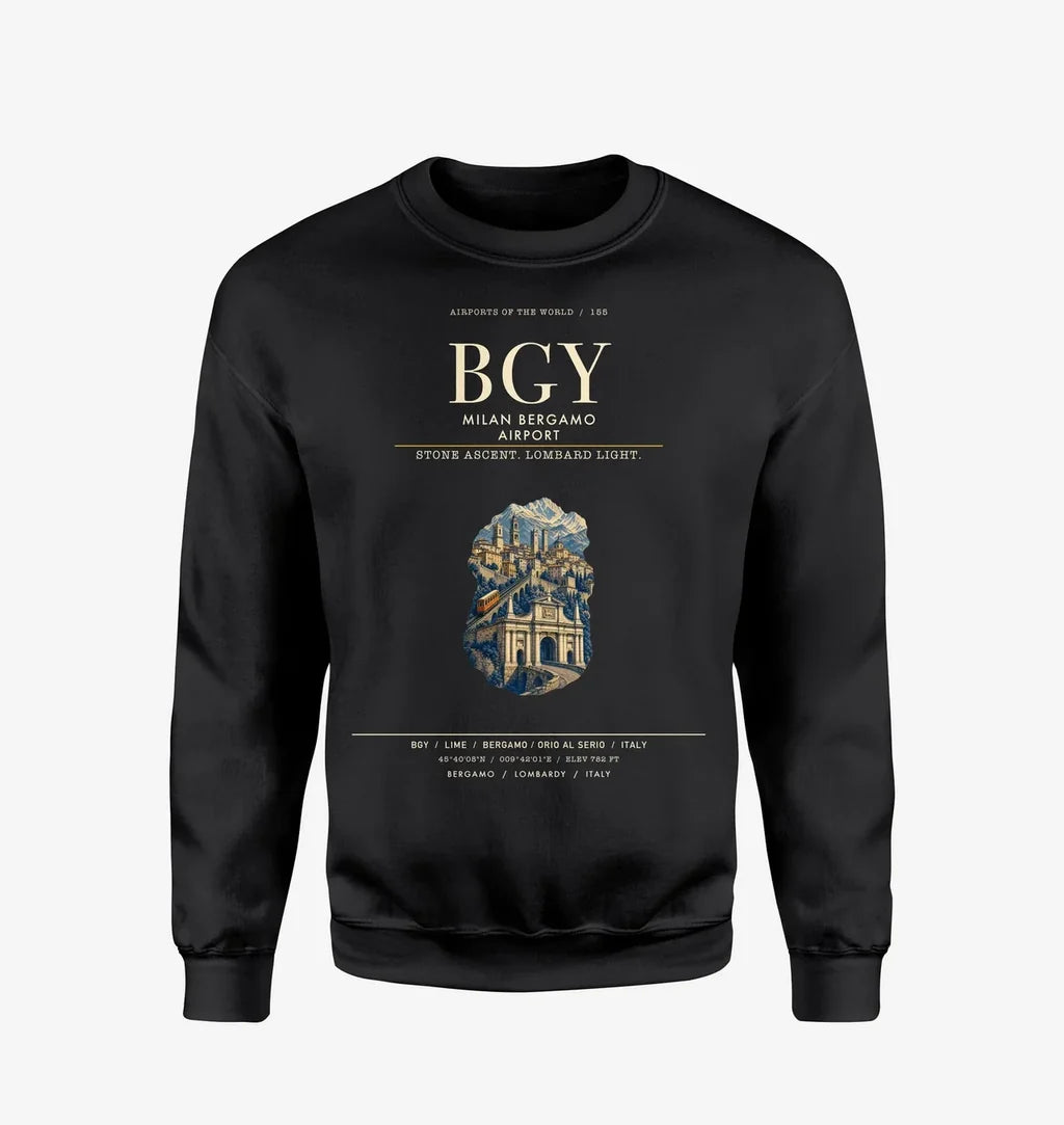 Milan Bergamo Airport (BGY) design on black sweatshirt