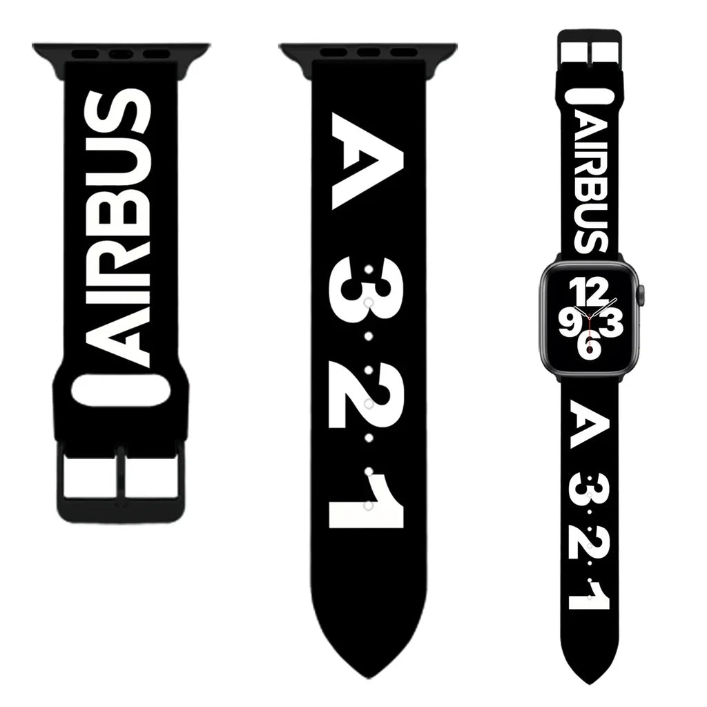 Airbus A321 Flat Text aviation-themed Apple Watch band, polished soft silicone.