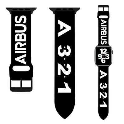 Airbus A321 Flat Text aviation-themed Apple Watch band, polished soft silicone.