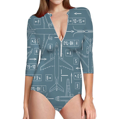 Jet Planes & Airport Signs aviation design on stretch swim fabric deep-V swim bodysuit.