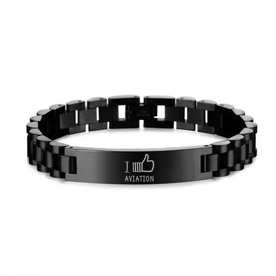 I Like aviation-themed chain bracelet, polished stainless steel.