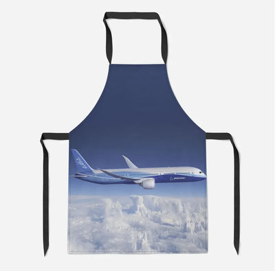 Boeing 787 Dreamliner aviation design on durable cotton blend kitchen apron.