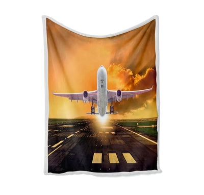 Amazing Departing Aircraft Sunset & Clouds Behind Bed Blankets & aviation print on soft fleece blanket.