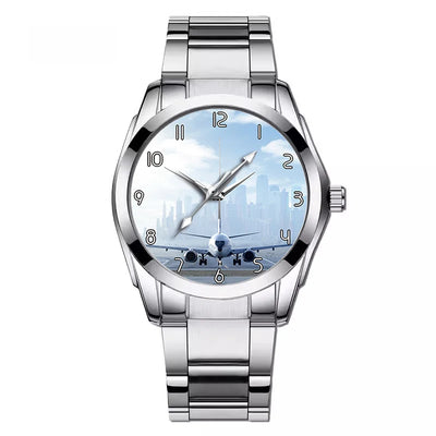 Boeing 737 & City View Behind aviation-themed watch with stainless steel band, polished stainless steel.