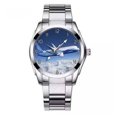 Boeing 787 Dreamliner aviation watch with stainless steel band, stainless steel body with engraved detail.