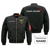 Thumbnail for Asiana Airlines aviation design with custom name embroidered on black bomber jacket