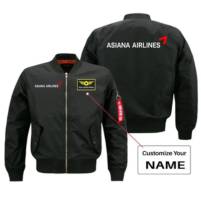 Asiana Airlines aviation design with custom name embroidered on black bomber jacket