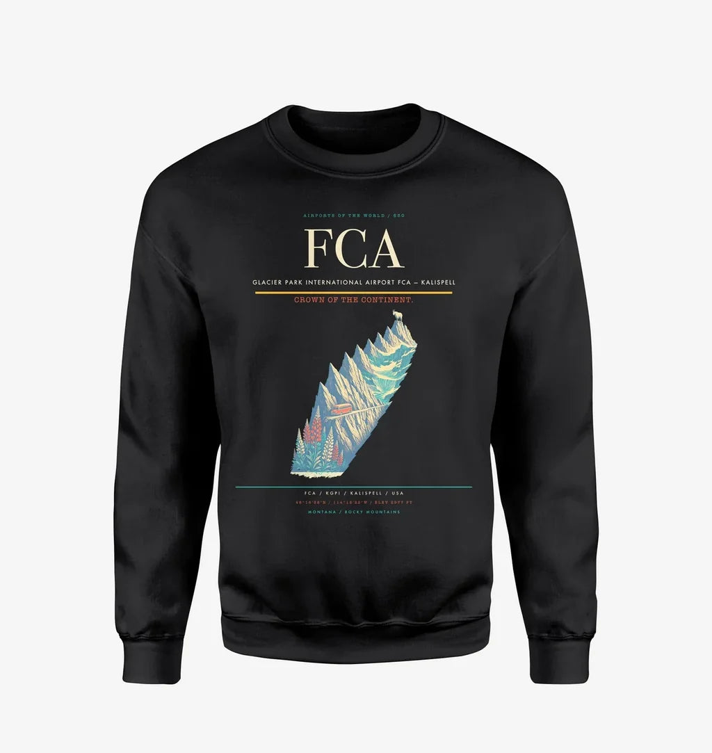 Glacier Park International Airport (FCA) design on black sweatshirt
