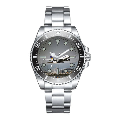Side view of Departing Lufthansa's A380 Luxury Aviators aviation aviator watch in premium stainless steel, polished finish.