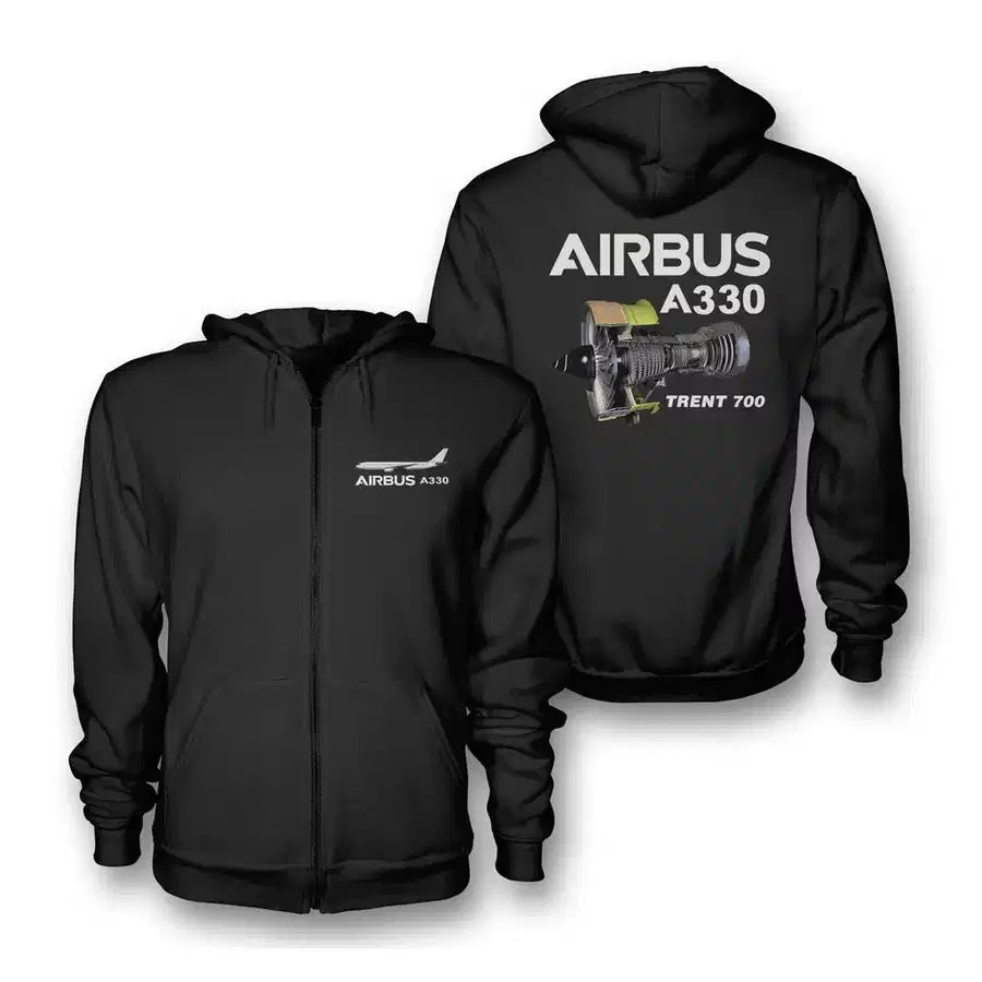 The Airbus A330 & Trent 700 Engine aviation design on soft cotton blend zipped hoodie.