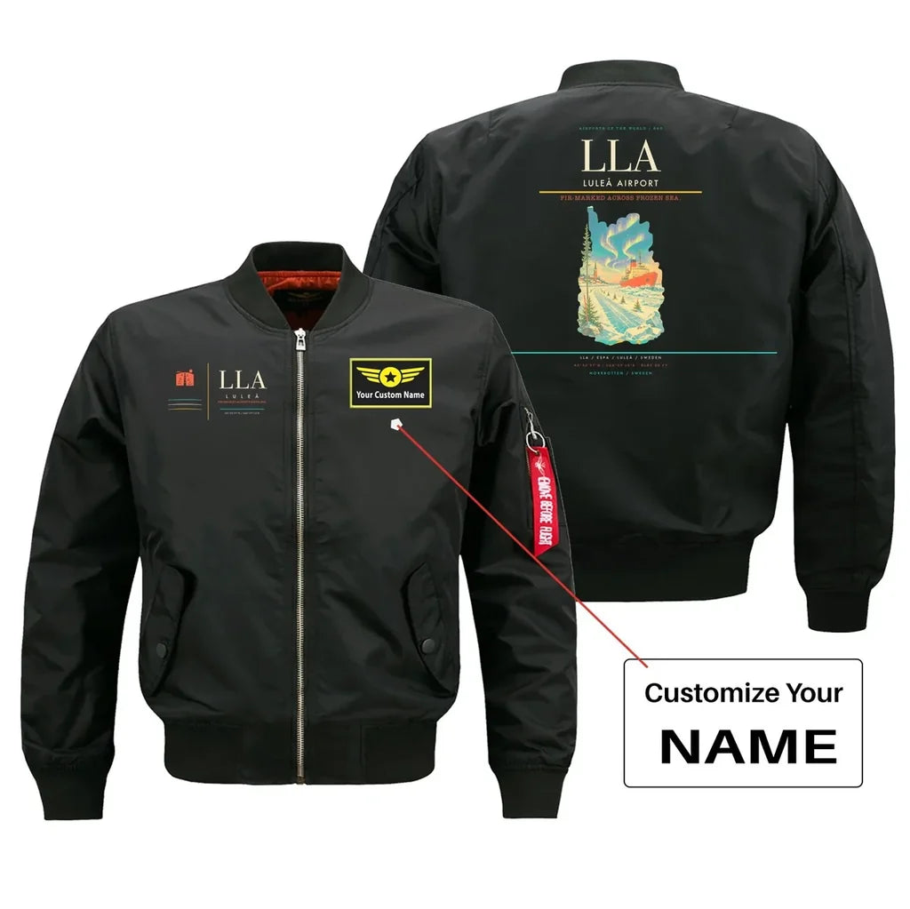 Luleå Airport (LLA) design on black bomber jacket with custom name patch