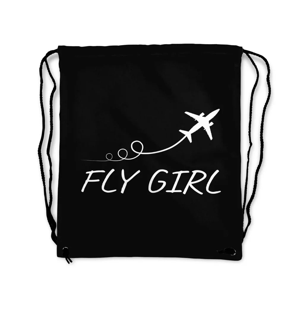 Just Fly It & Fly Girl aviation drawstring bag in lightweight polyester.