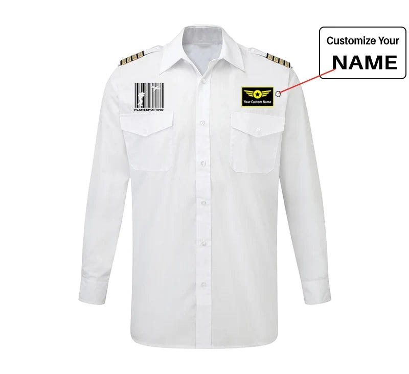 Planespotting aviation design printed on crisp poplin cotton long-sleeve pilot shirt.