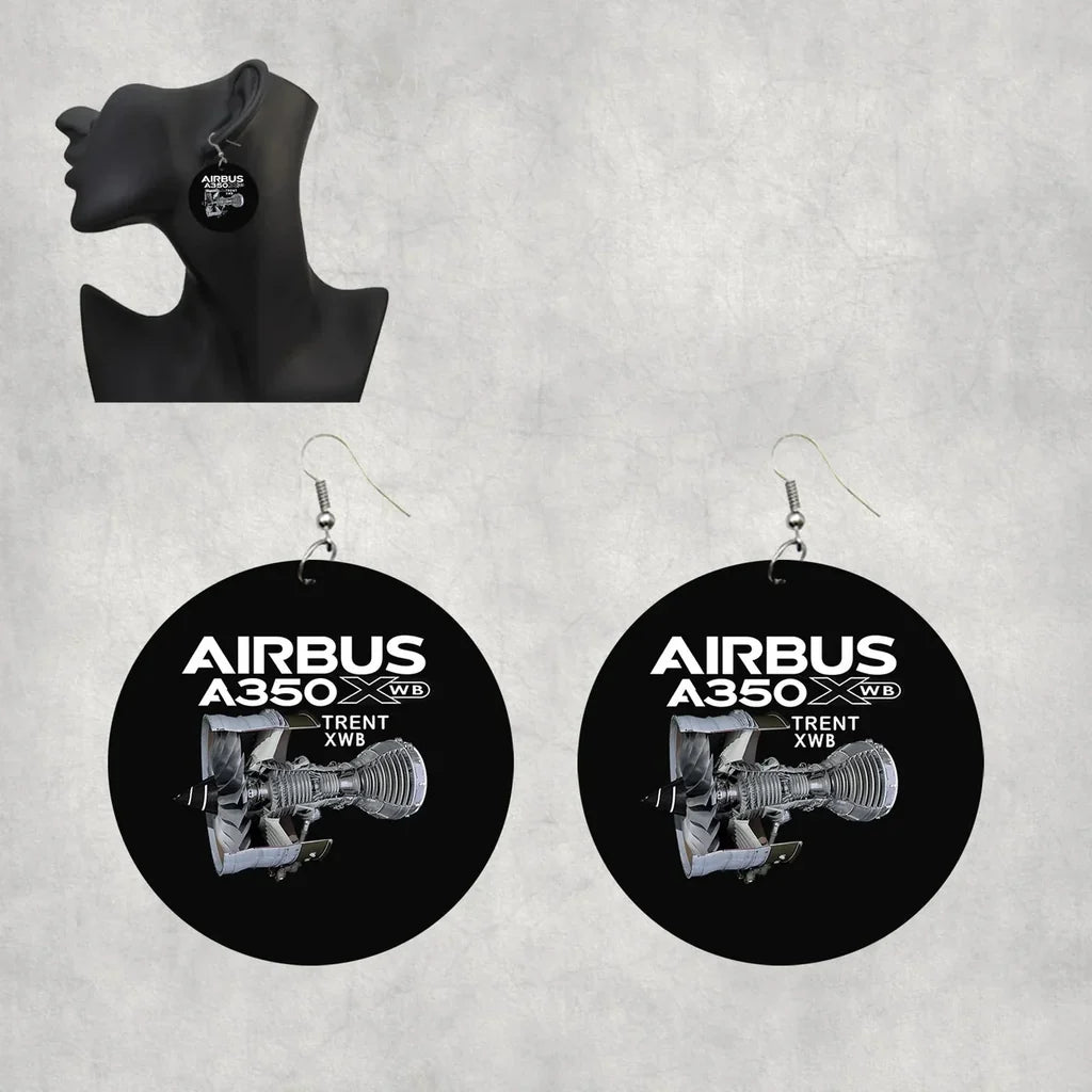 Side view of Airbus A350 & Trent Wxb Engine aviation drop earrings in wood with metal hooks, polished finish.