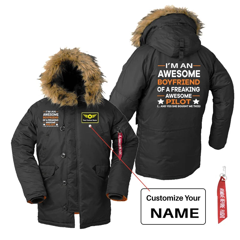 I am an Awesome Series Boyfriend aviation design printed on heavyweight shell with hooded warmth parka bomber.
