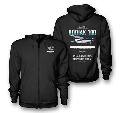 Daher Kodiak 100 Series III design on black premium zipped hoodie, double-side print