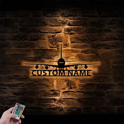 Airbus A380 Silhouette aviation design on durable metal with LED metal wall art.