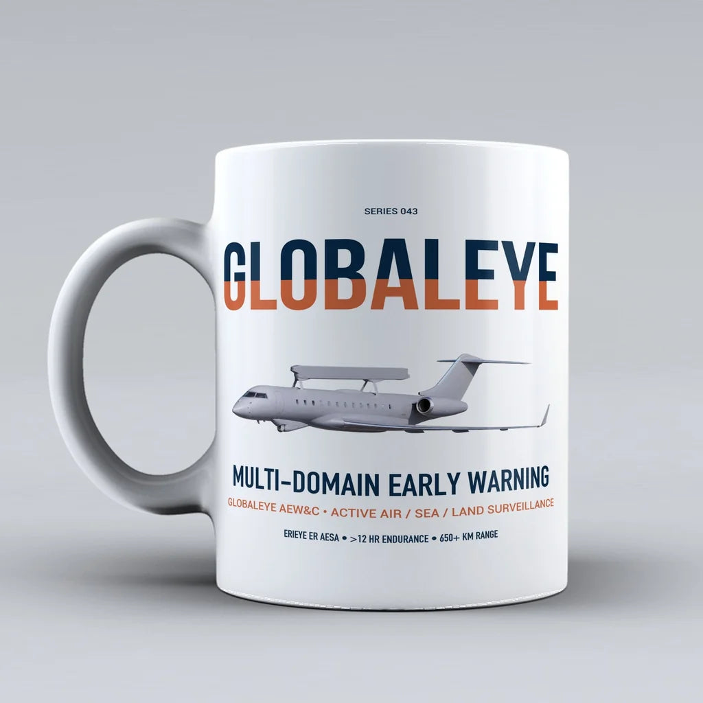 Saab GlobalEye design on white ceramic mug, double-side print