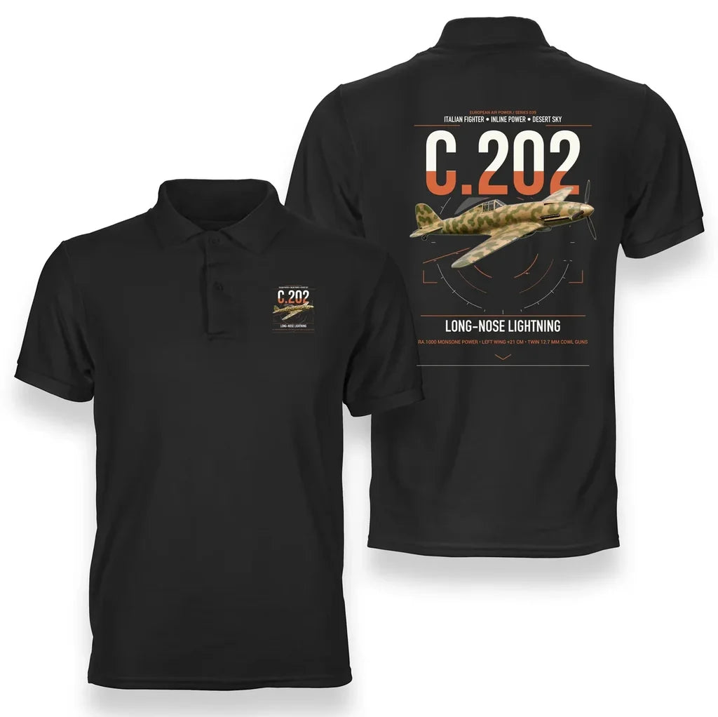 Macchi C.202 Folgore design on black double-side polo t-shirt, double-side print