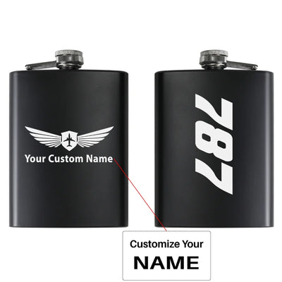 Boeing 787 Text aviation design on stainless hip flask, compact pocket-size flask.