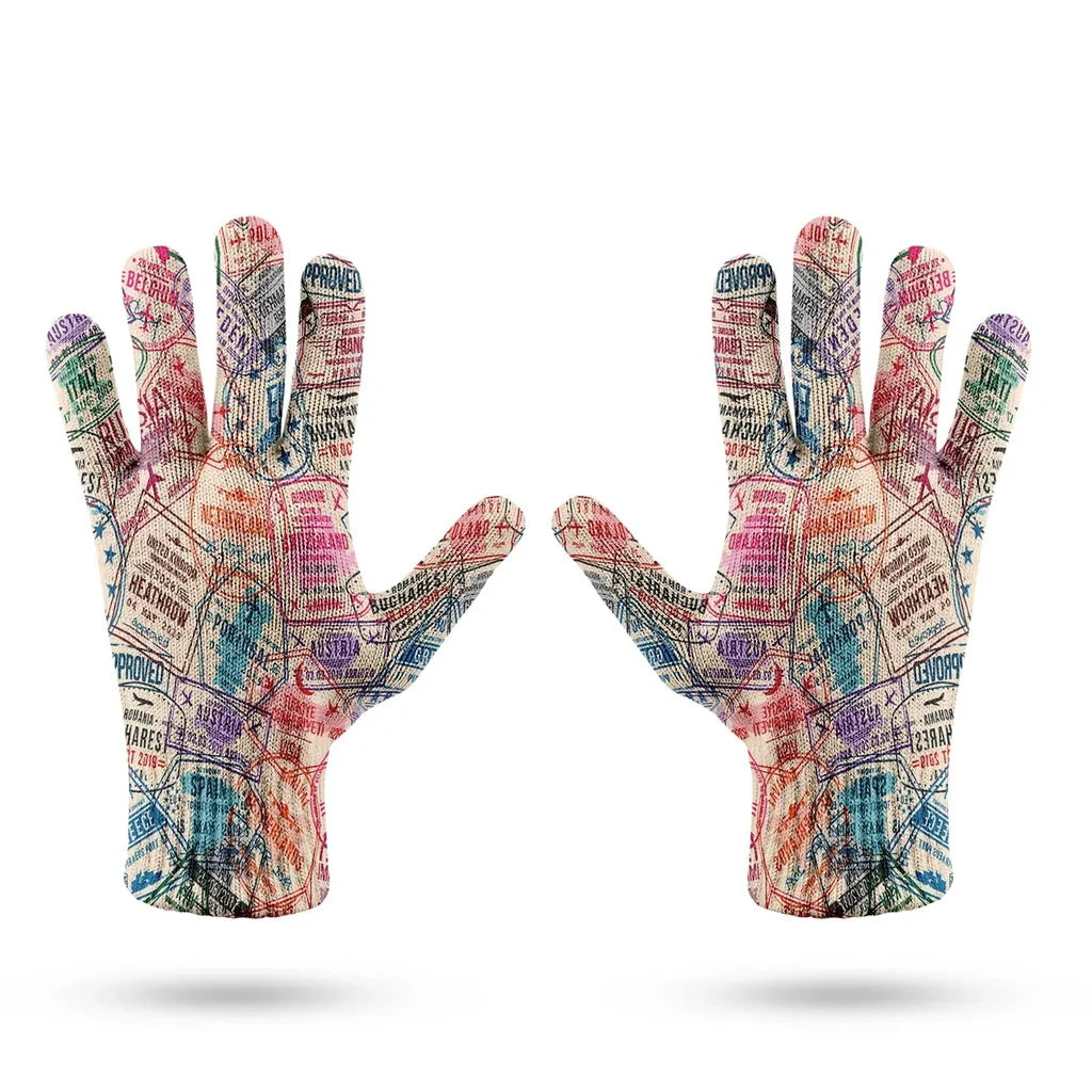 Passport Stamps aviation design on soft knit fabric gloves.