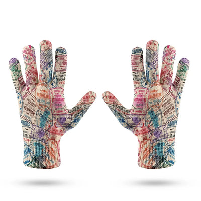 Passport Stamps aviation design on soft knit fabric gloves.