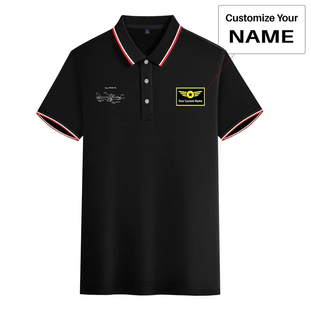 How Planes Fly aviation design printed on soft cotton stylish polo shirt.