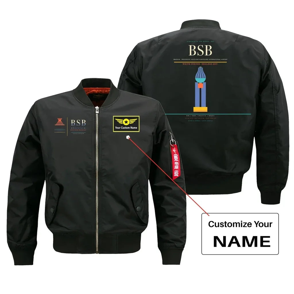 Brasilia (BSB) design on black bomber jacket with custom name patch