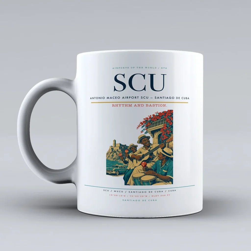 Antonio Maceo Airport (SCU) airport code design on white ceramic mug