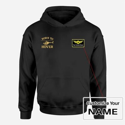 Born To Hover aviation design on soft cotton blend men's hoodie with small chest logo.