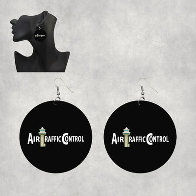 Air Traffic Control aviation-themed drop earrings, polished wood with metal hooks.