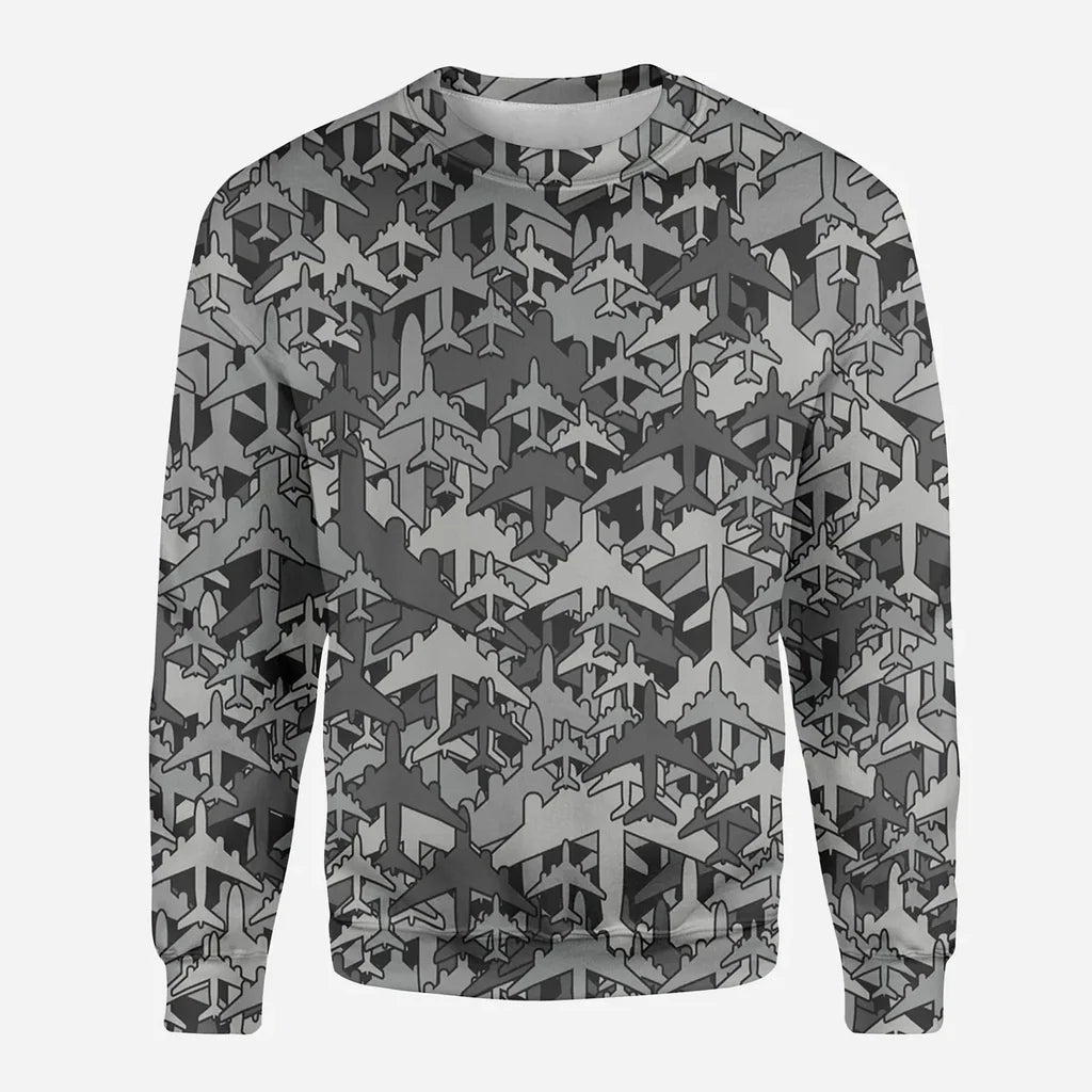Dark Coloured Airplanes aviation design printed on soft cotton blend 3D sweatshirt.