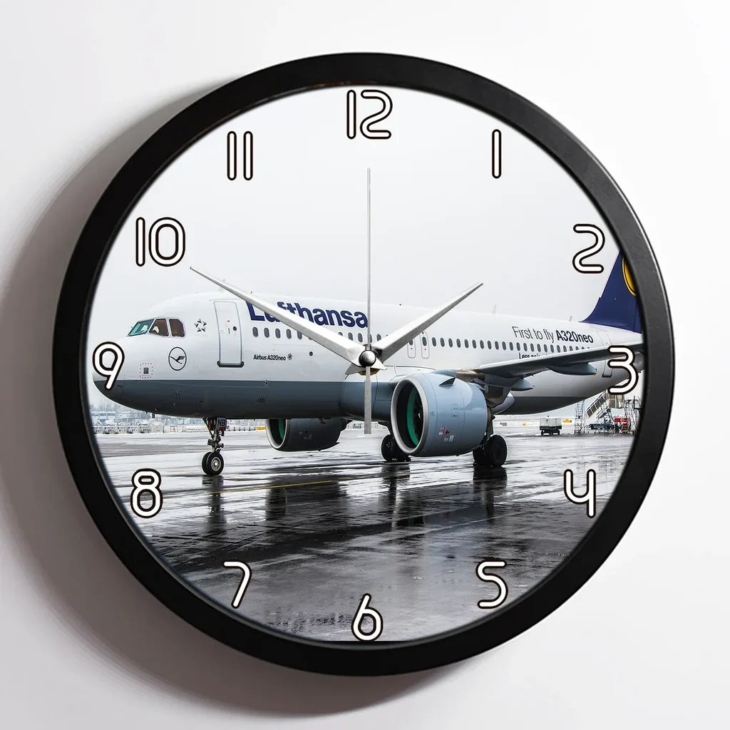 Lufthansa's A320 Neo aviation design on premium wood and metal wall clock.
