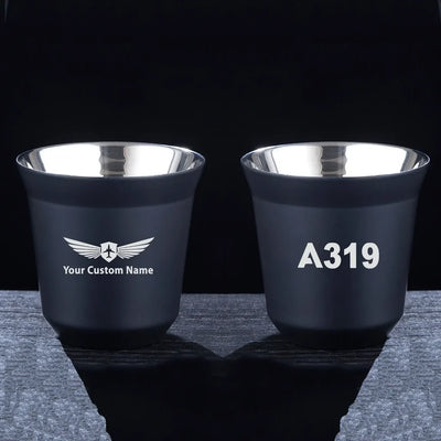 Airbus A319 Flat Text aviation design on double-wall coffee mug, vacuum-insulated double-wall.