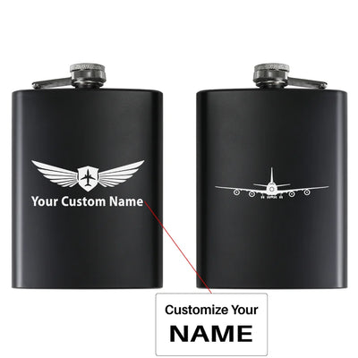 Boeing 747 Silhouette aviation design on stainless hip flask, compact pocket-size flask.