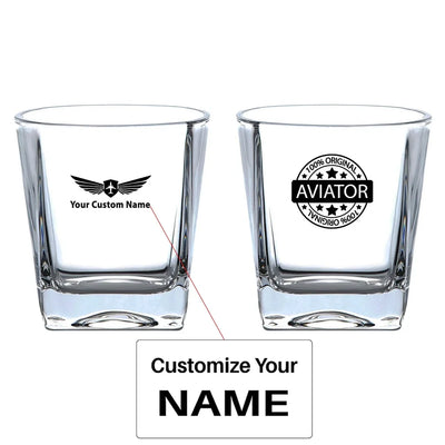 %100 Original Aviator aviation design on whiskey glass, crystal-clear premium glassware.