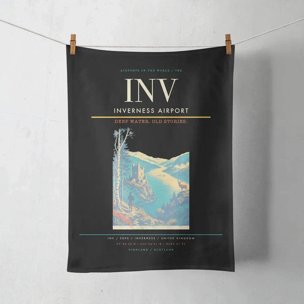 Inverness Airport (INV) design on black towel
